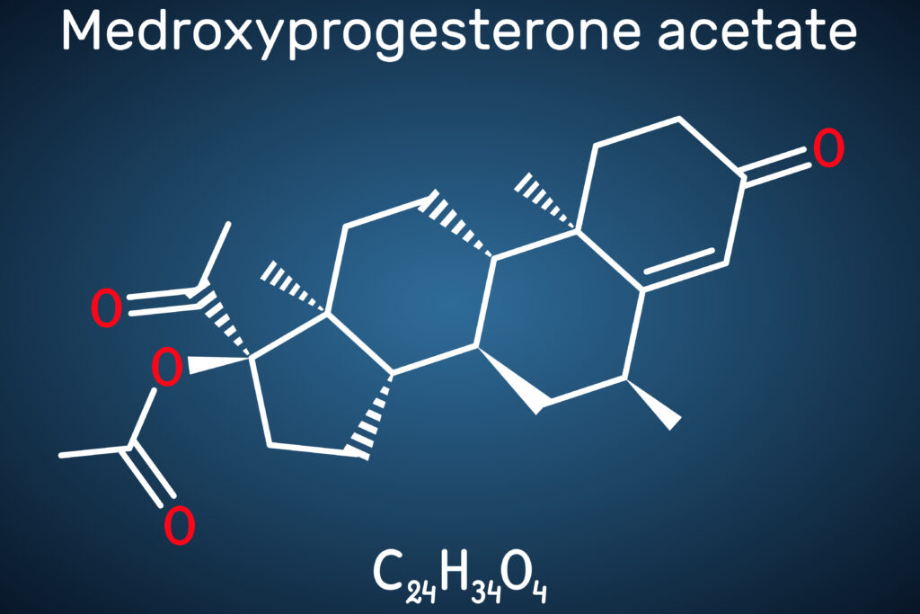 Medroxyprogesterone acetate, MPA, depot medroxyprogesterone acetate, DMPA molecule. It is progestin hormone drug, contraceptive. Structural chemical formula on the dark blue background.